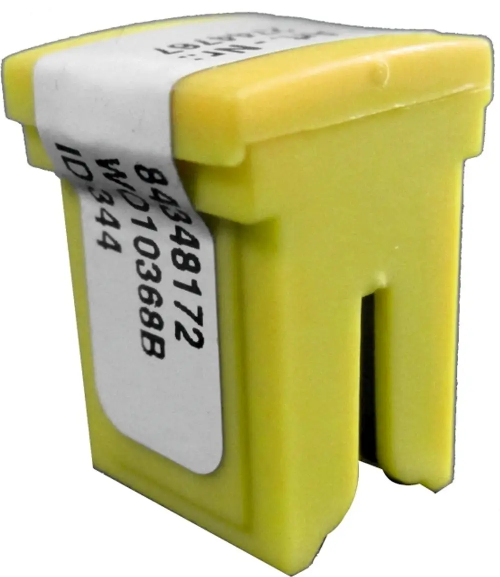 Gelber Parameterstecker mit Aufkleber, geeignet für Heizpumpen, erkennbar durch ein einfaches Design. Produkt möglicherweise von Wolf.